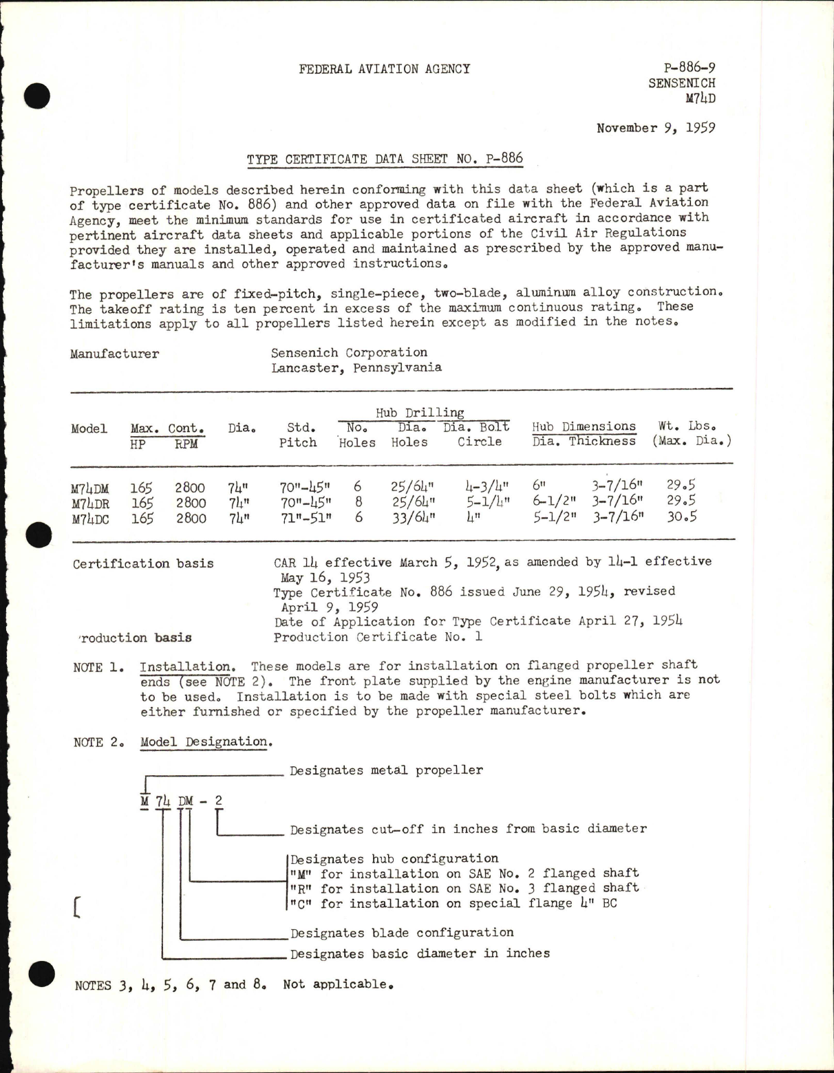 Sample page 1 from AirCorps Library document: M74D - Type Certificater