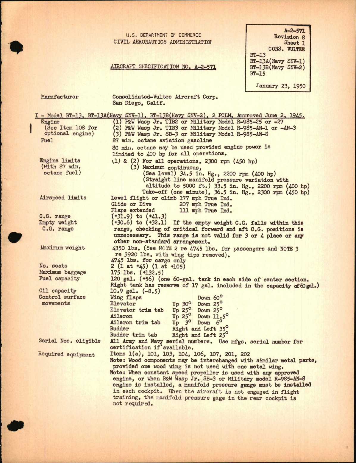 Sample page 1 from AirCorps Library document: BT-13, BT13A, BT-13B, BT-15, SNV-1, and SNV-2, Revision 8