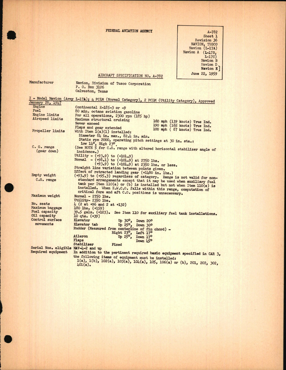 Sample page 1 from AirCorps Library document: Navion and L-47, Revision 36