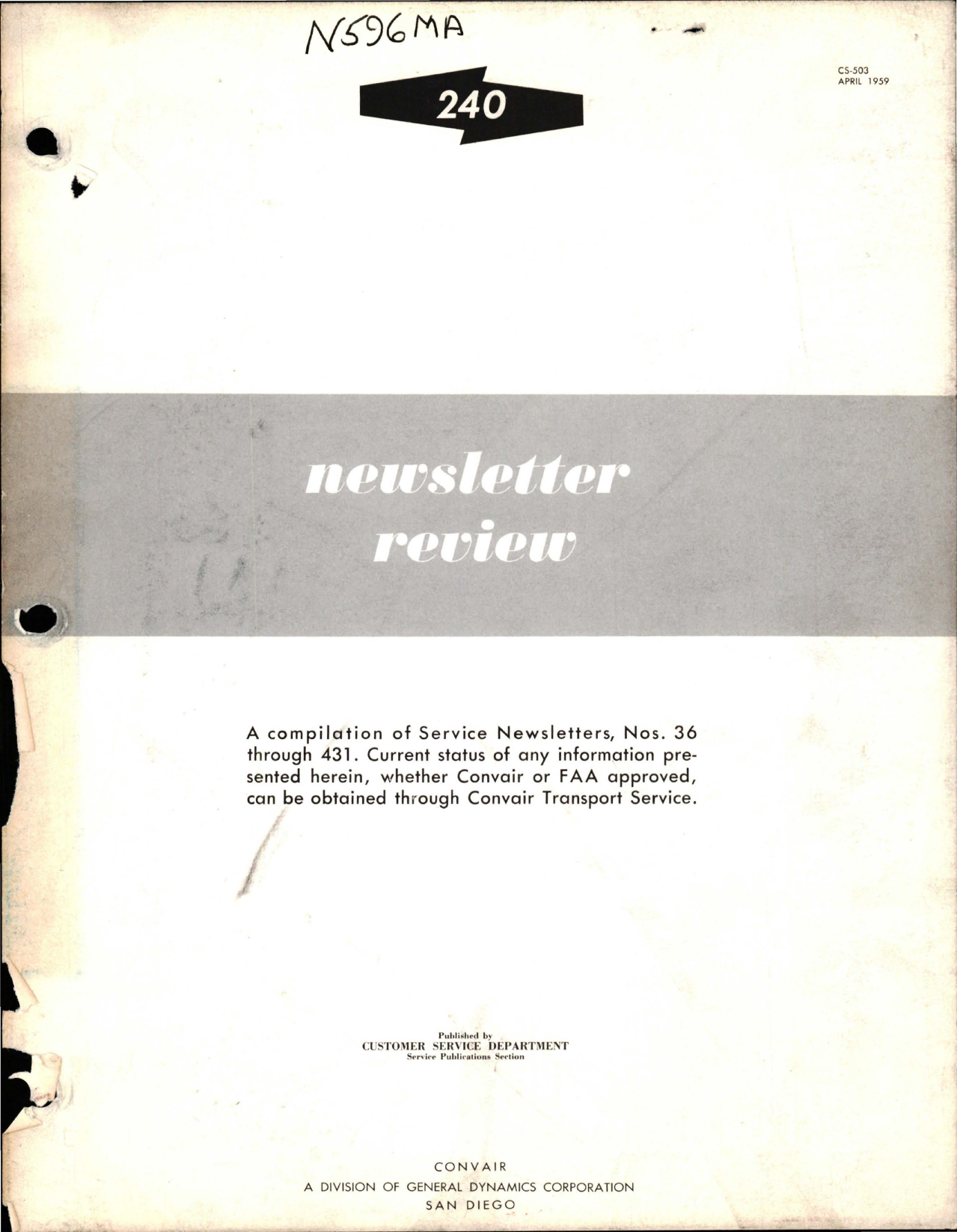Sample page 1 from AirCorps Library document: Newsletter Review for Convair 240