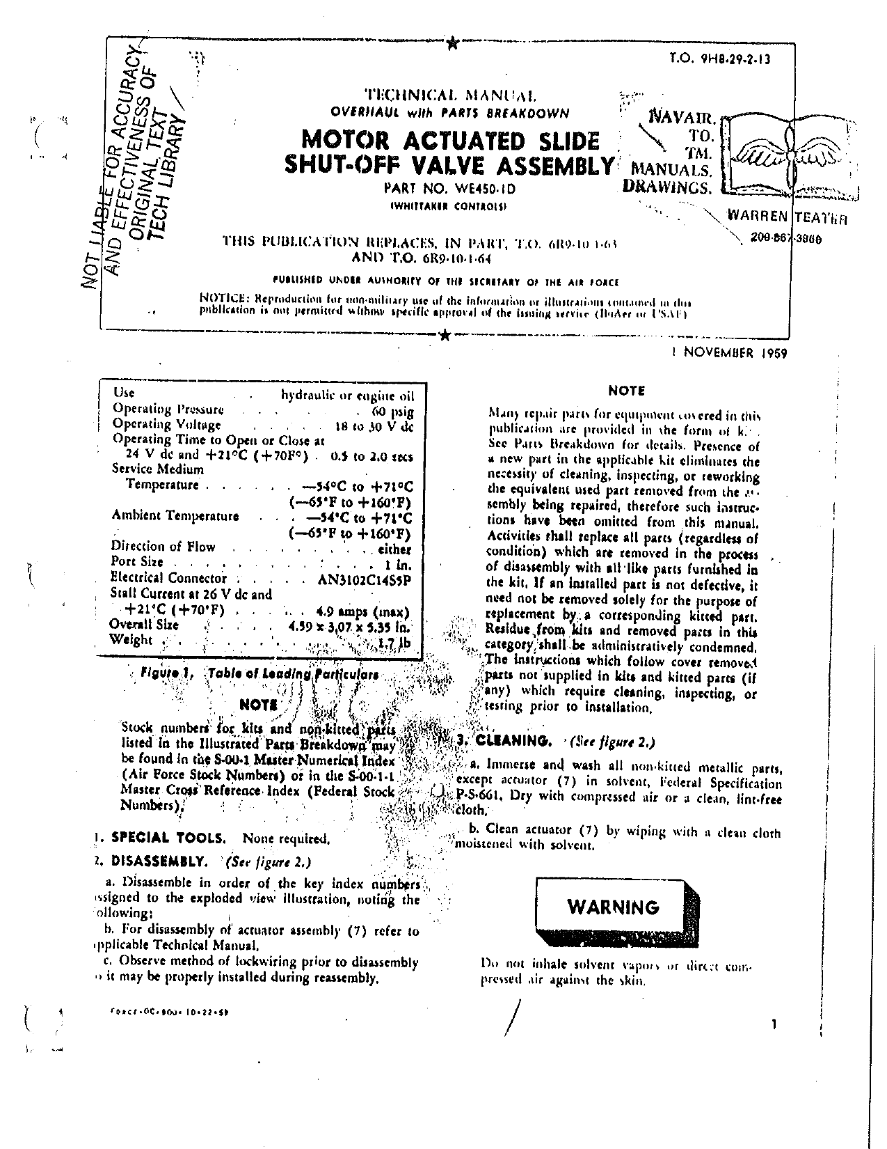 Sample page 1 from AirCorps Library document: Overhaul with Parts Breakdown for Motor Actuated Slide Shut-Off Valve Assembly - Part WE450-1D 