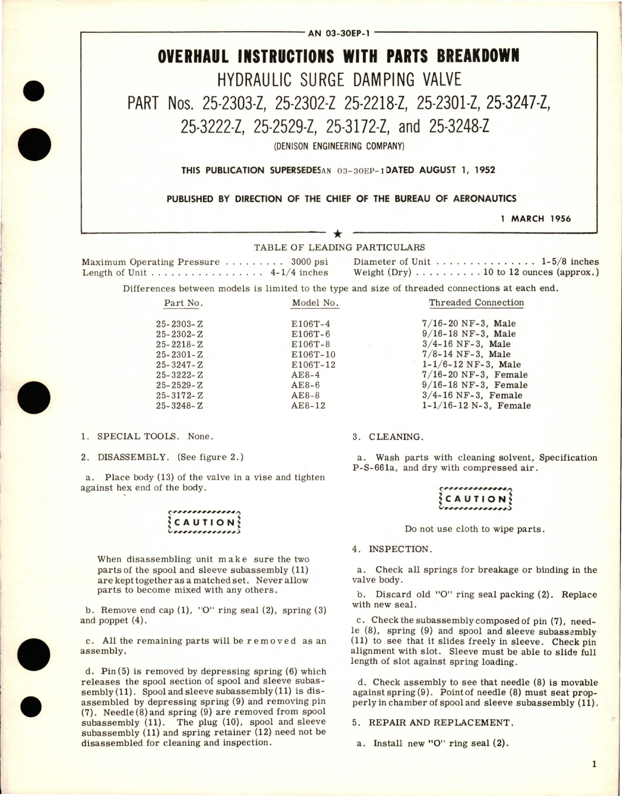 Sample page 1 from AirCorps Library document: Overhaul Instructions with Parts Breakdown for Hydraulic Surge Damping Valve
