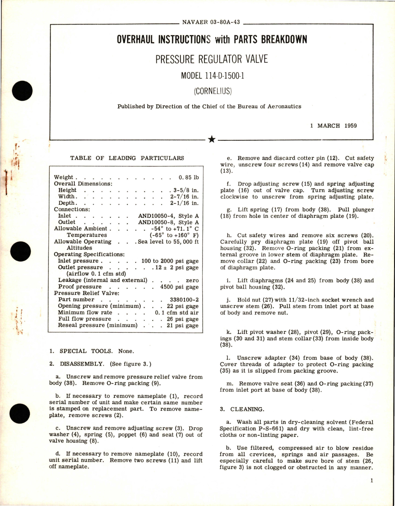 Sample page 1 from AirCorps Library document: Overhaul Instructions with Parts Breakdown for Pressure Regulator Valve - Model 114-D-1500-1 