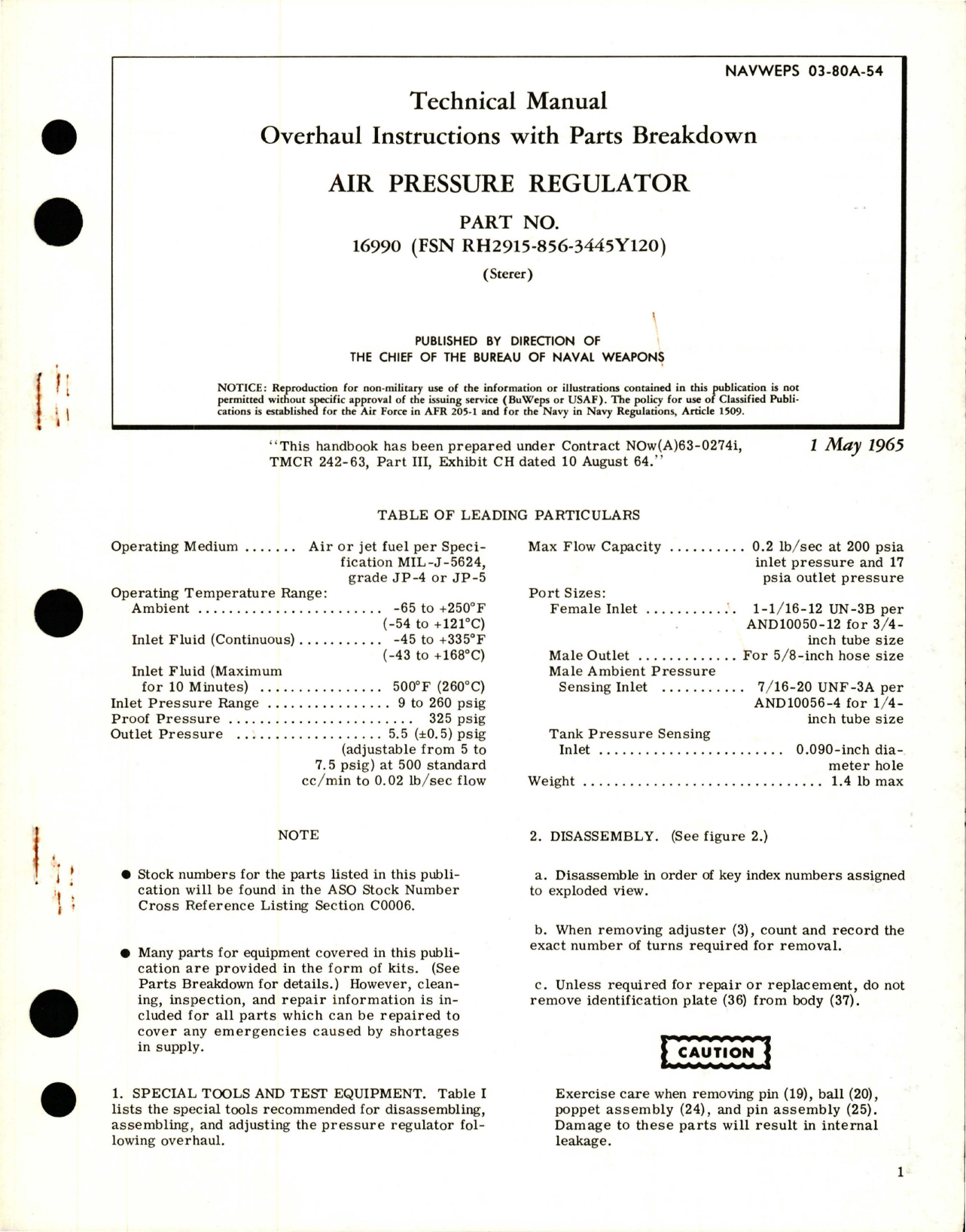 Sample page 1 from AirCorps Library document: Overhaul Instructions with Parts Breakdown for Air Pressure Regulator - Part 16990 
