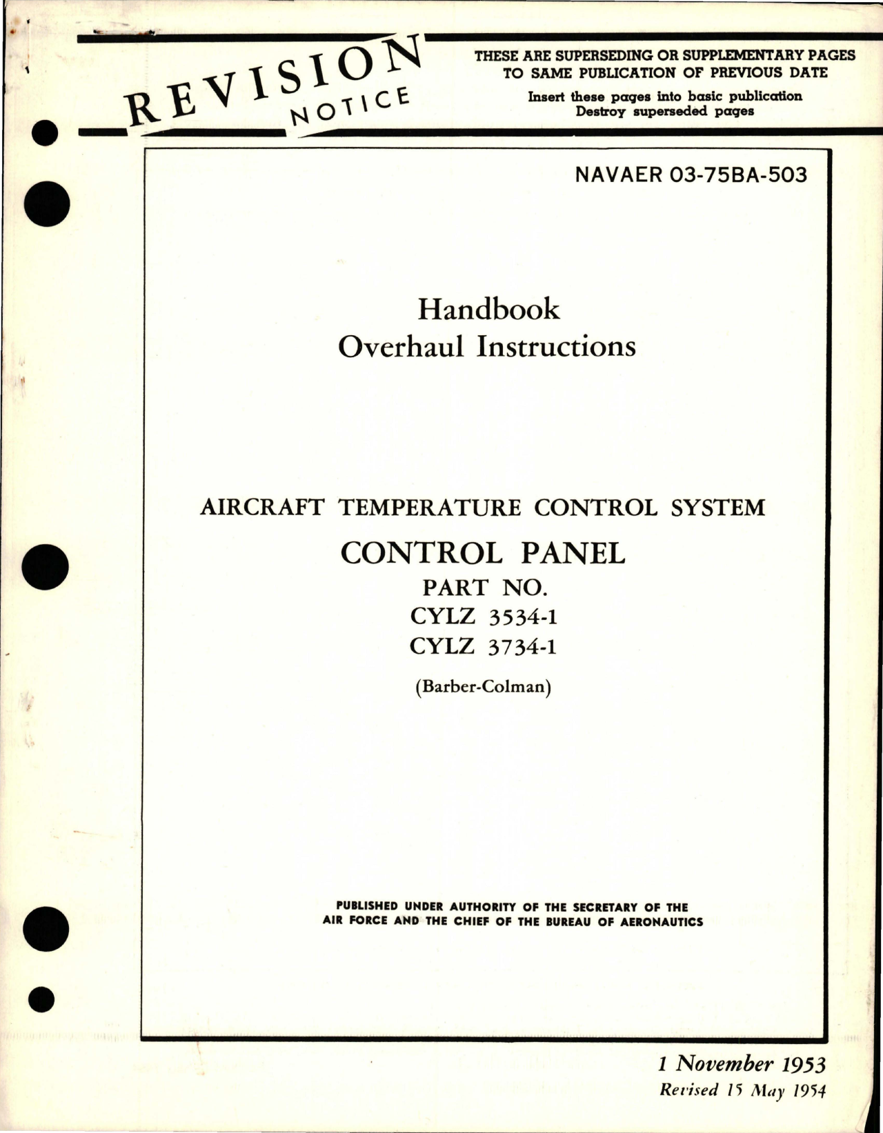 Sample page 1 from AirCorps Library document: Overhaul Instructions for Aircraft Temperature Control System Control Panel - Part CYLZ 3534-1 and CYLZ 3734-1