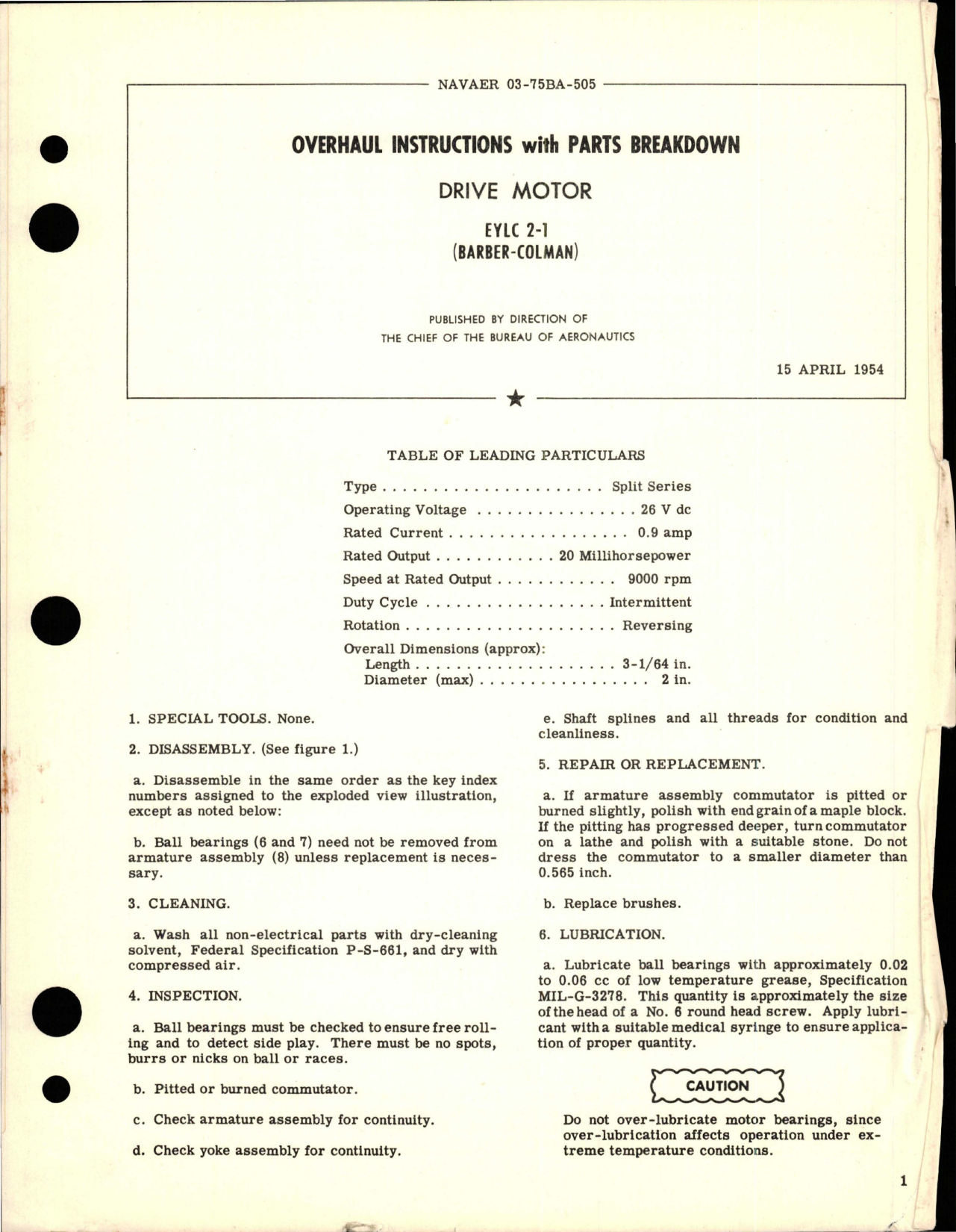Sample page 1 from AirCorps Library document: Overhaul Instructions with Parts Breakdown for Drive Motor - EYLC 2-1