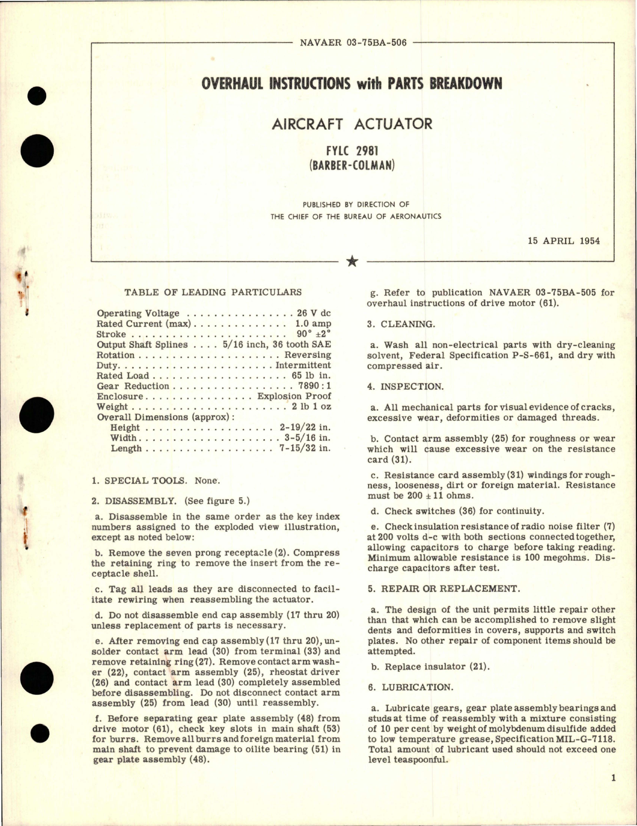 Sample page 1 from AirCorps Library document: Overhaul Instructions with Parts Breakdown for Aircraft Actuator - FYLC 2981