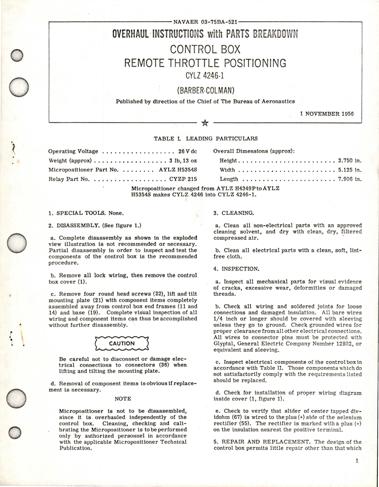 Sample page 1 from AirCorps Library document: Overhaul Instructions with Parts Breakdown for Control Box Remote Throttle Positioning - CYLZ 4246-1