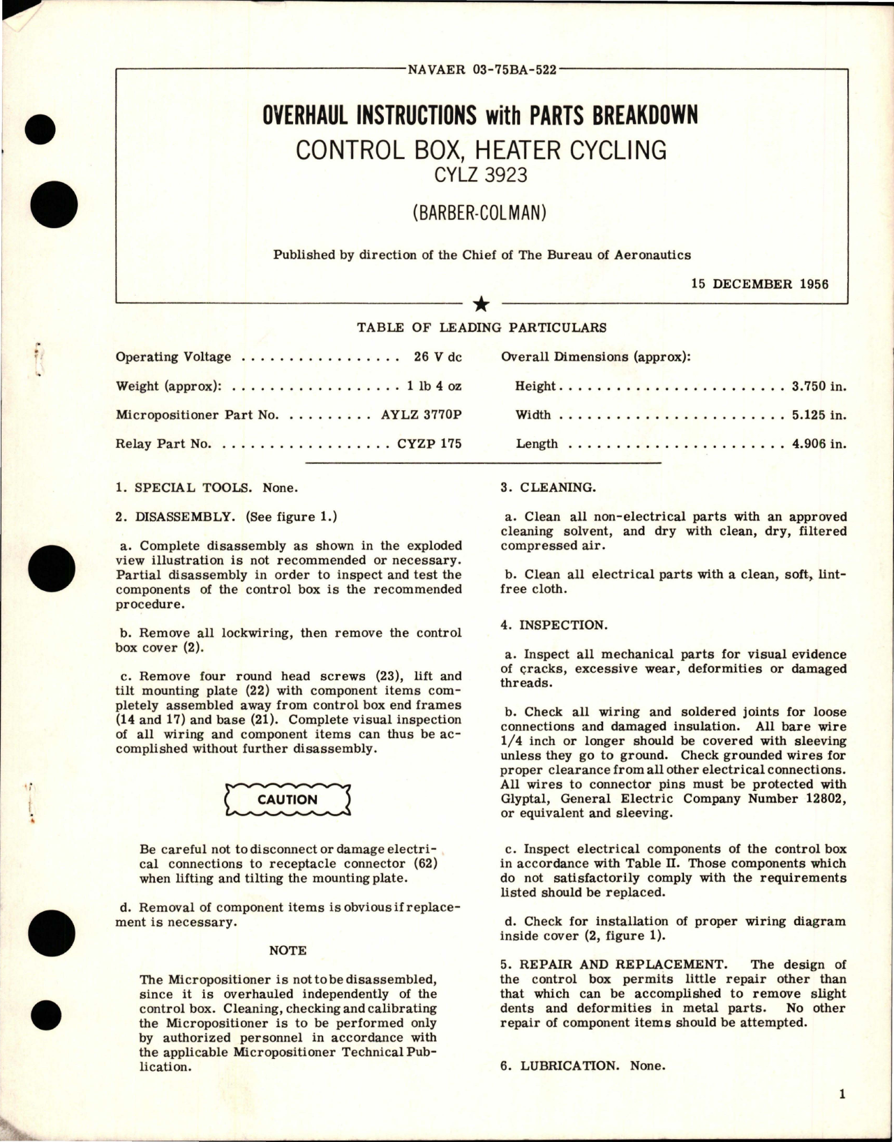 Sample page 1 from AirCorps Library document: Overhaul Instructions with Parts Breakdown for Heater Cycling Control Box - CYLZ 3923 