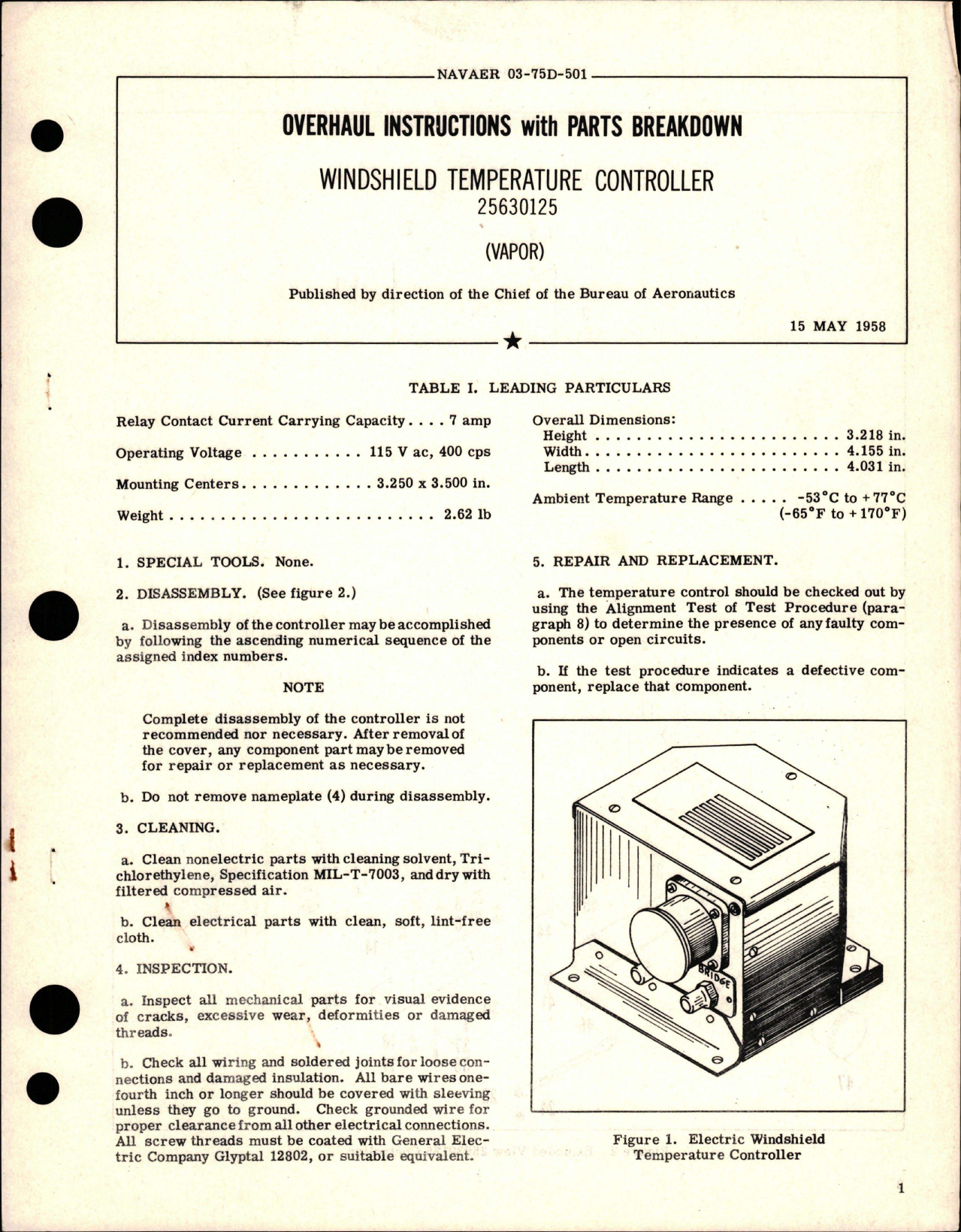 Sample page 1 from AirCorps Library document: Overhaul Instructions with Parts Breakdown for Windshield Temperature Controller - 25630125