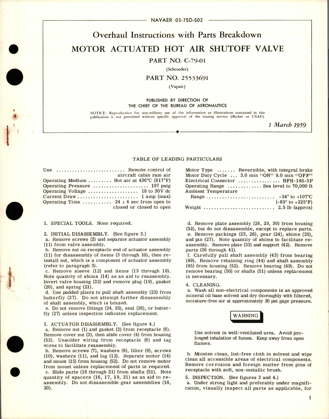 Sample page 1 from AirCorps Library document: Overhaul Instructions with Parts Breakdown for Motor Actuated Hot Air Shutoff Valve - Part C-79-01 and 25533691