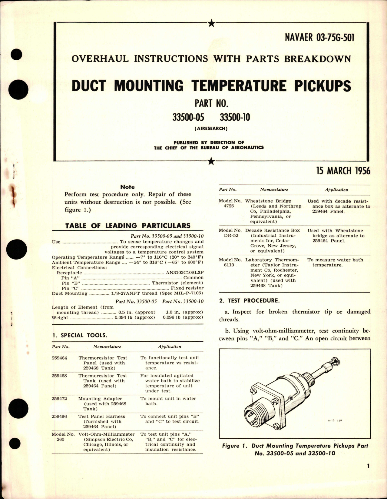 Sample page 1 from AirCorps Library document: Overhaul Instructions with Parts Breakdown for Duct Mounting Temperature Pickups - Part - 33500-05 and 33500-10