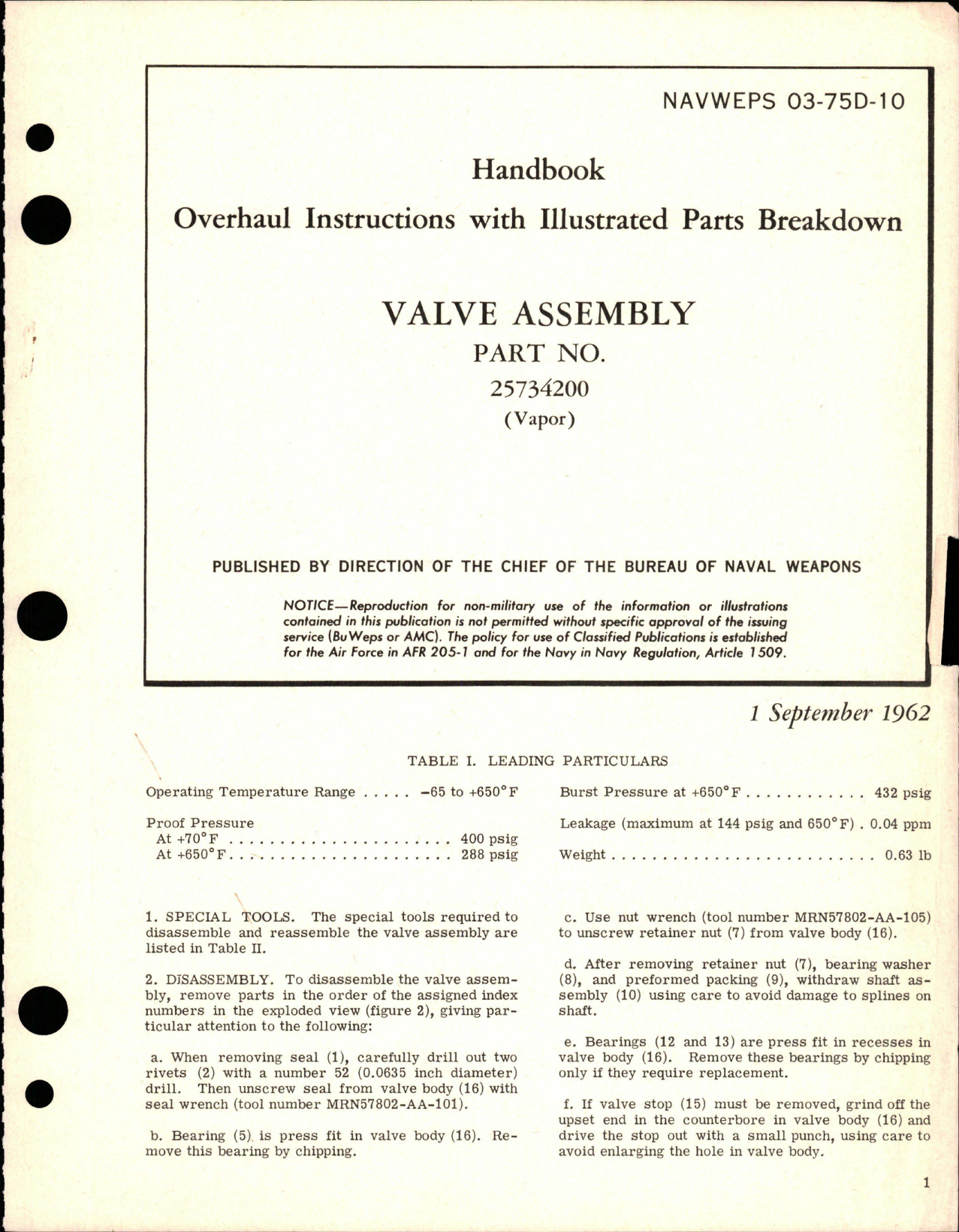 Sample page 1 from AirCorps Library document: Overhaul Instructions with Illustrated Parts Breakdown for Valve Assembly - Part 25734200