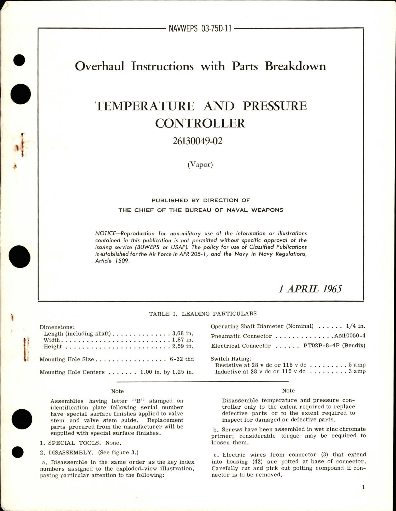 Sample page 1 from AirCorps Library document: Overhaul Instructions with Parts Breakdown for Temperature and Pressure Controller - 26130049-02