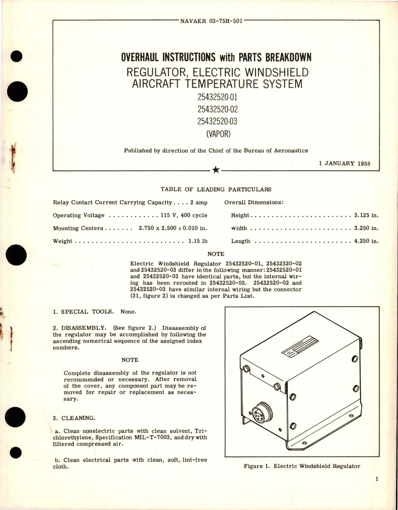Sample page 1 from AirCorps Library document: Overhaul Instructions with Parts Breakdown for Electric Windshield Aircraft Temperature System Regulator 