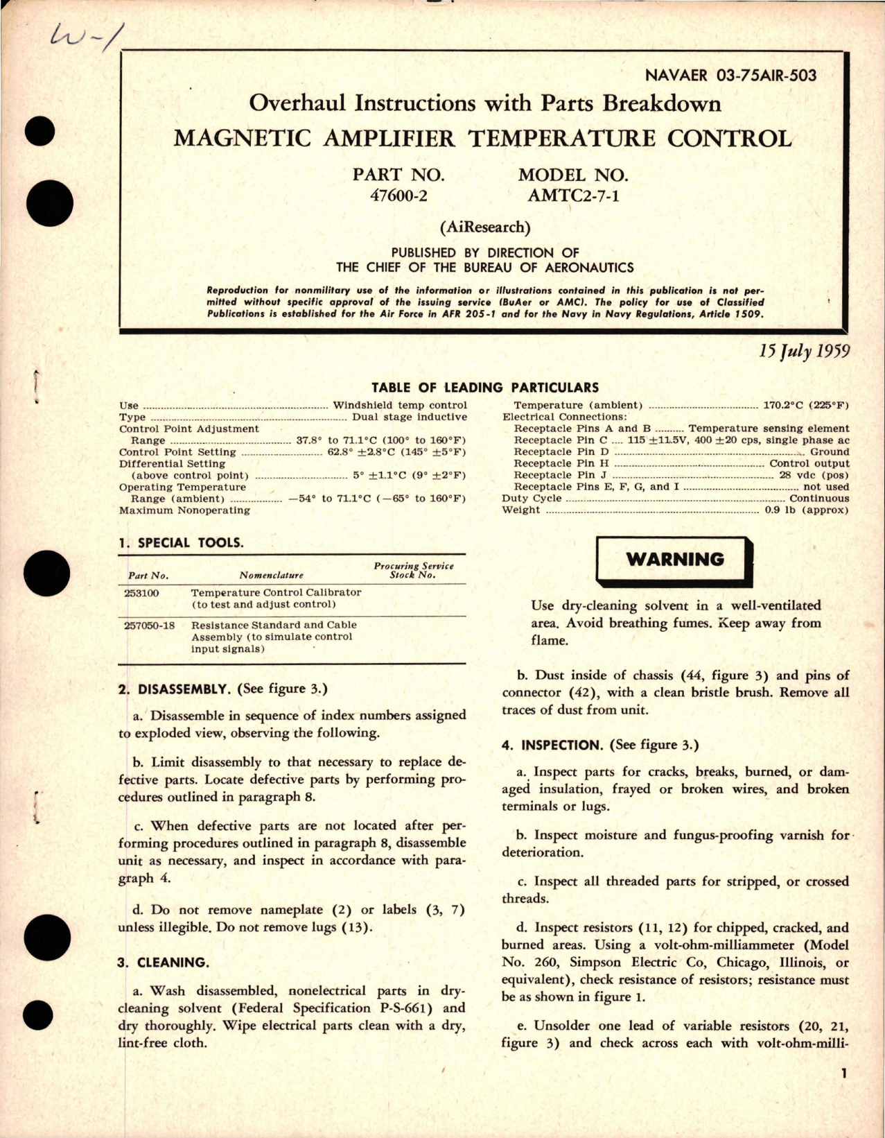 Sample page 1 from AirCorps Library document: Oveerhaul Instructions for Parts Breakdown for Magnetic Amplifier Temperature Control - Part 47600-2 - Model AMTC2-7-1