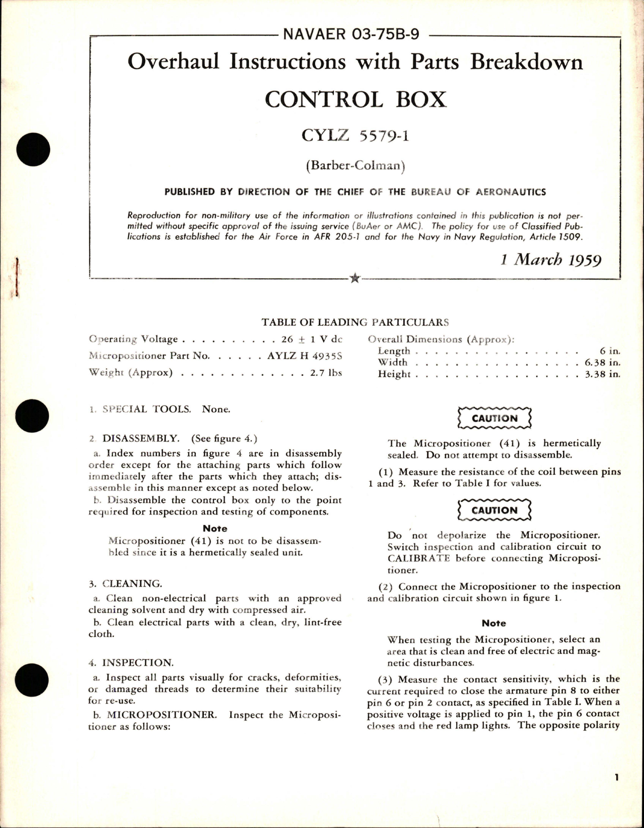 Sample page 1 from AirCorps Library document: Overhaul Instructions with Parts Breakdown for Control Box - CYLZ 5579-1