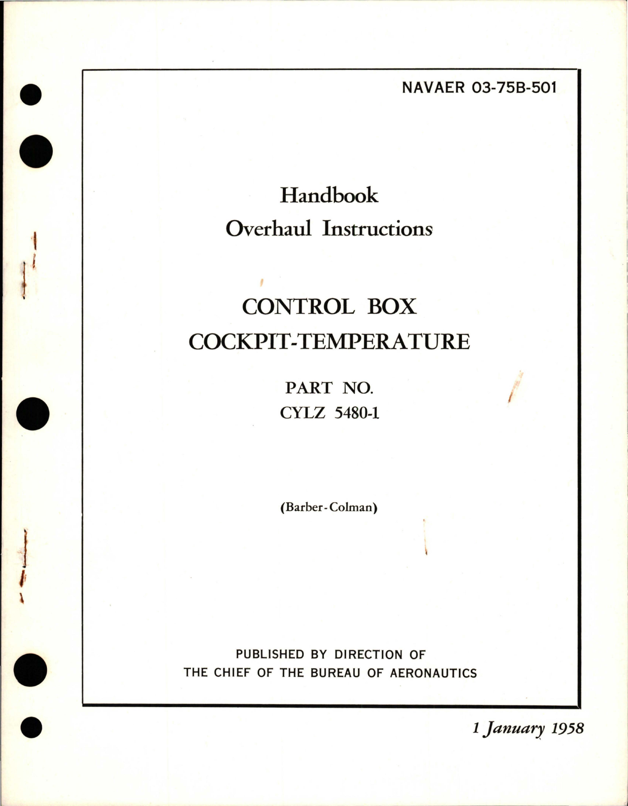Sample page 1 from AirCorps Library document: Overhaul Instructions for Control Box Cockpit-Temperature - Part CYLZ 5480-1