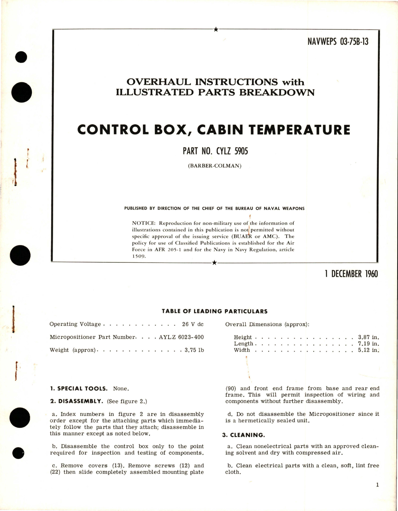 Sample page 1 from AirCorps Library document: Overhaul Instructions with Illustrated Parts Breakdown for Cabin Temperature Control Box - Part CYLZ 5905 
