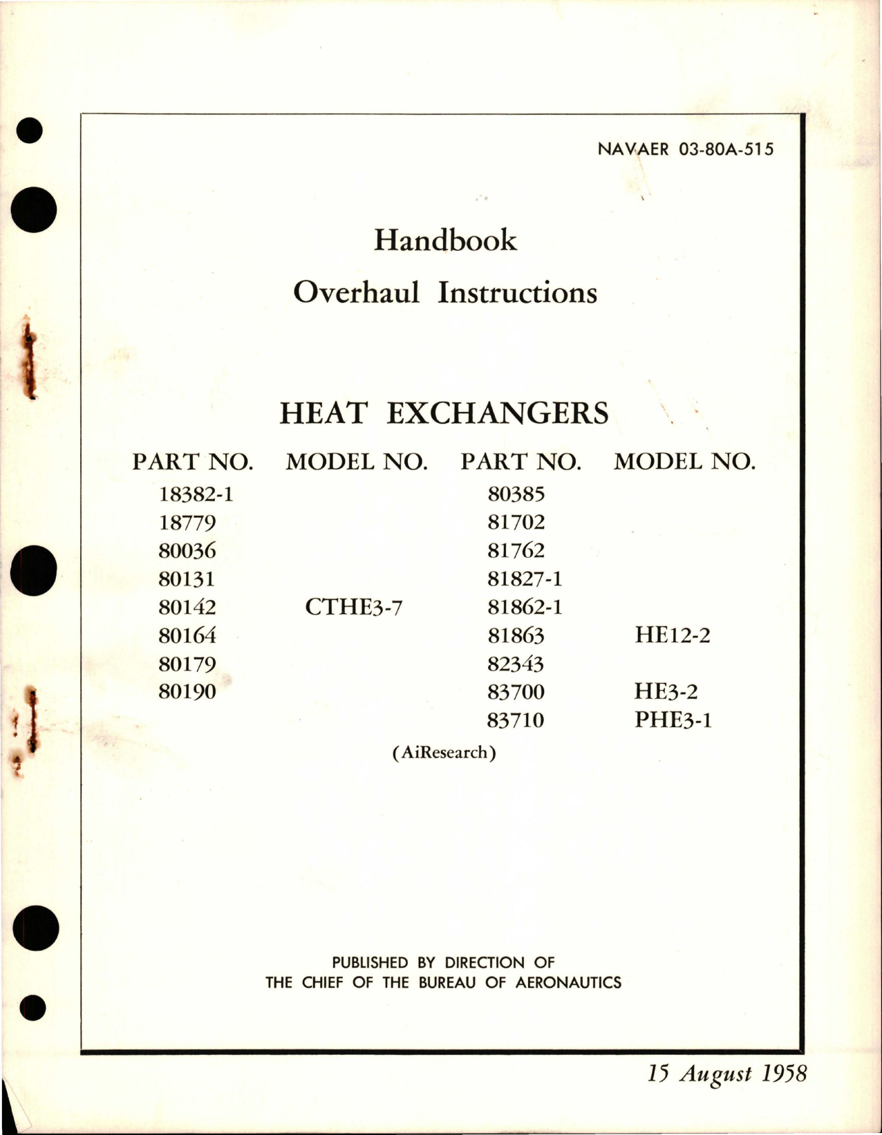 Sample page 1 from AirCorps Library document: Overhaul Instructions for Heat Exchangers 