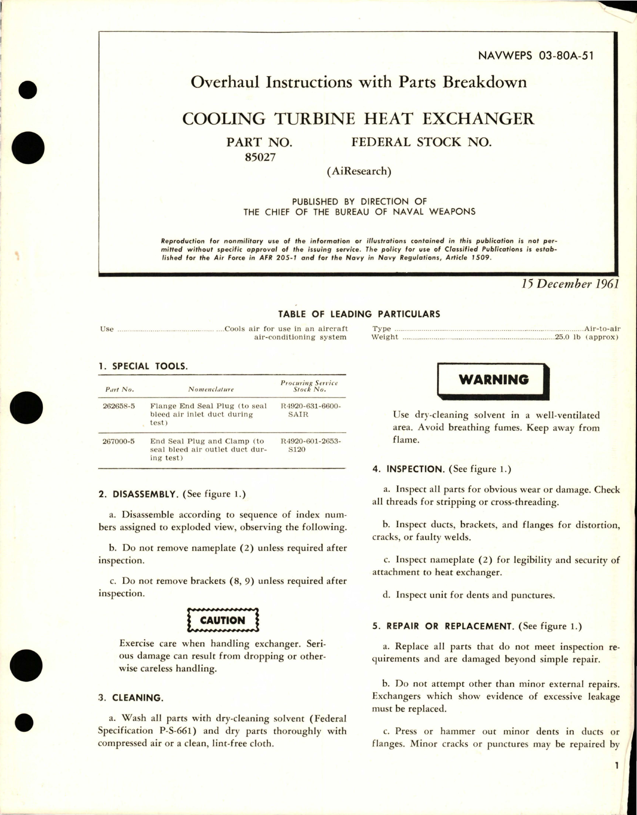 Sample page 1 from AirCorps Library document: Overhaul Instructions with Parts Breakdown for Cooling Turbine Heat Exchanger - Part 85027 