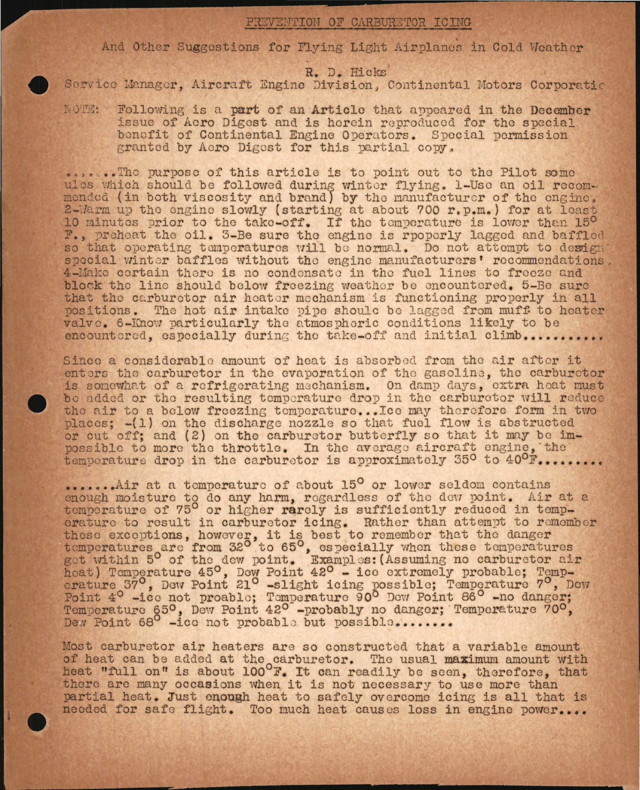 Sample page 1 from AirCorps Library document: Prevention of Carburetor Icing for Flying Light Airplanes in Cold Weather with Continental Motors
