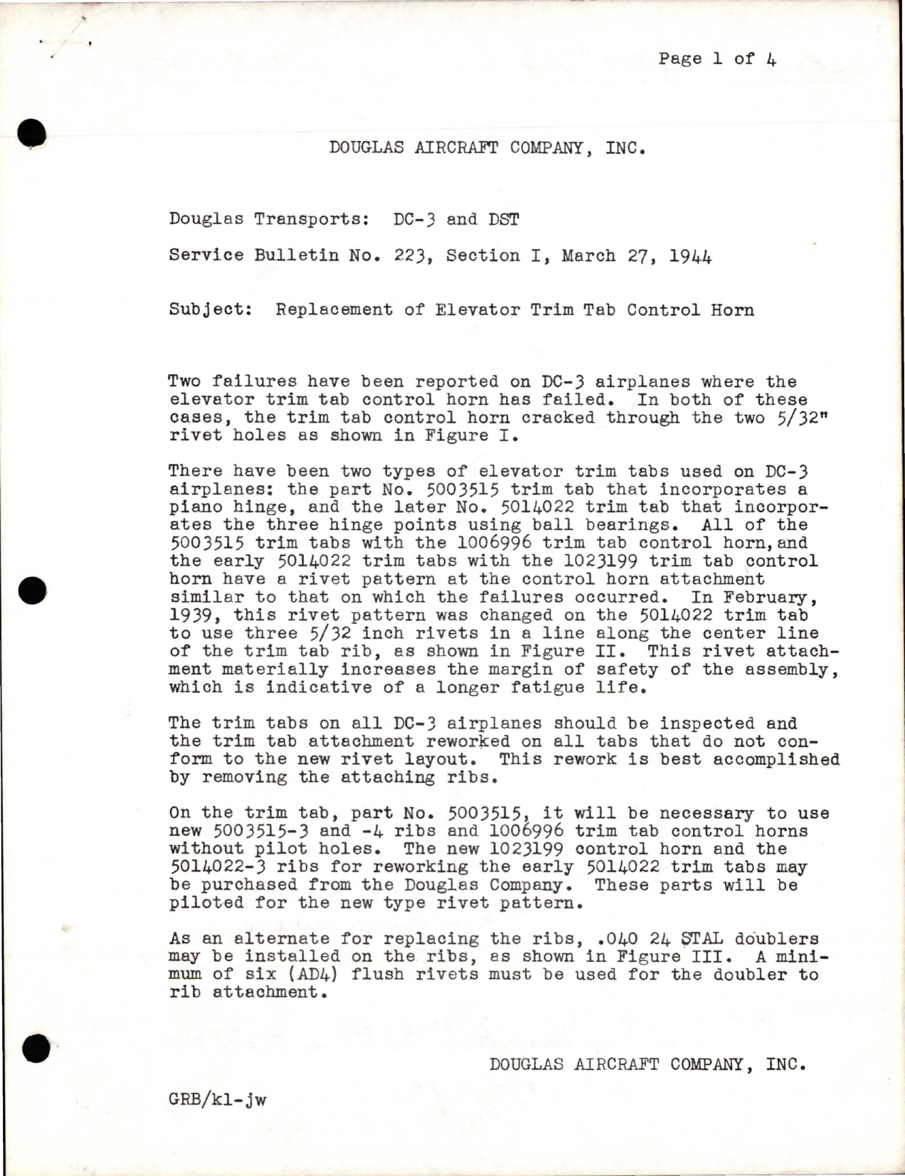 Sample page 1 from AirCorps Library document: Replacement of Elevator Trim Tab Control Horn