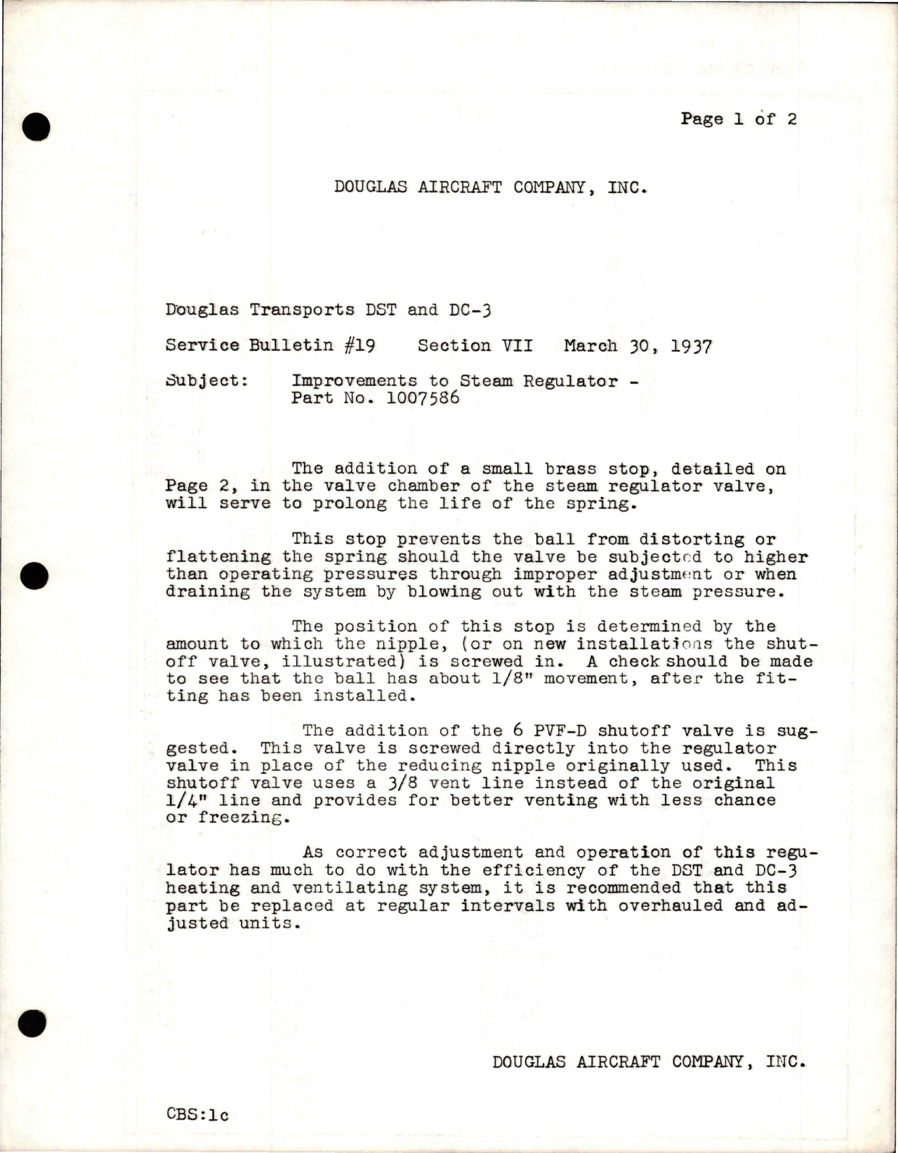 Sample page 1 from AirCorps Library document: Improvements to Stem Regulator - Part 1007586