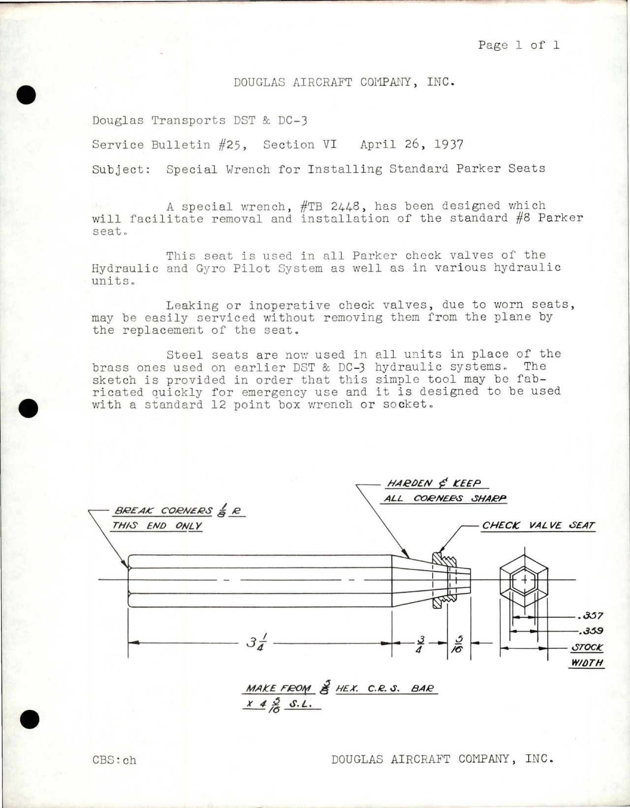Sample page 1 from AirCorps Library document: Special Wrench for Installing Standard Parker Seats