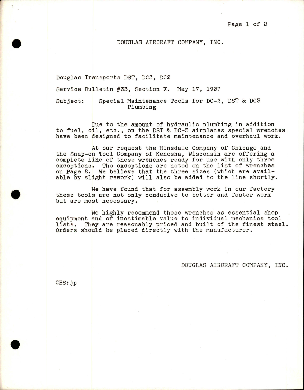 Sample page 1 from AirCorps Library document: Special Maintenance Tools for DC-2, DST, & DC-3 Plumbing