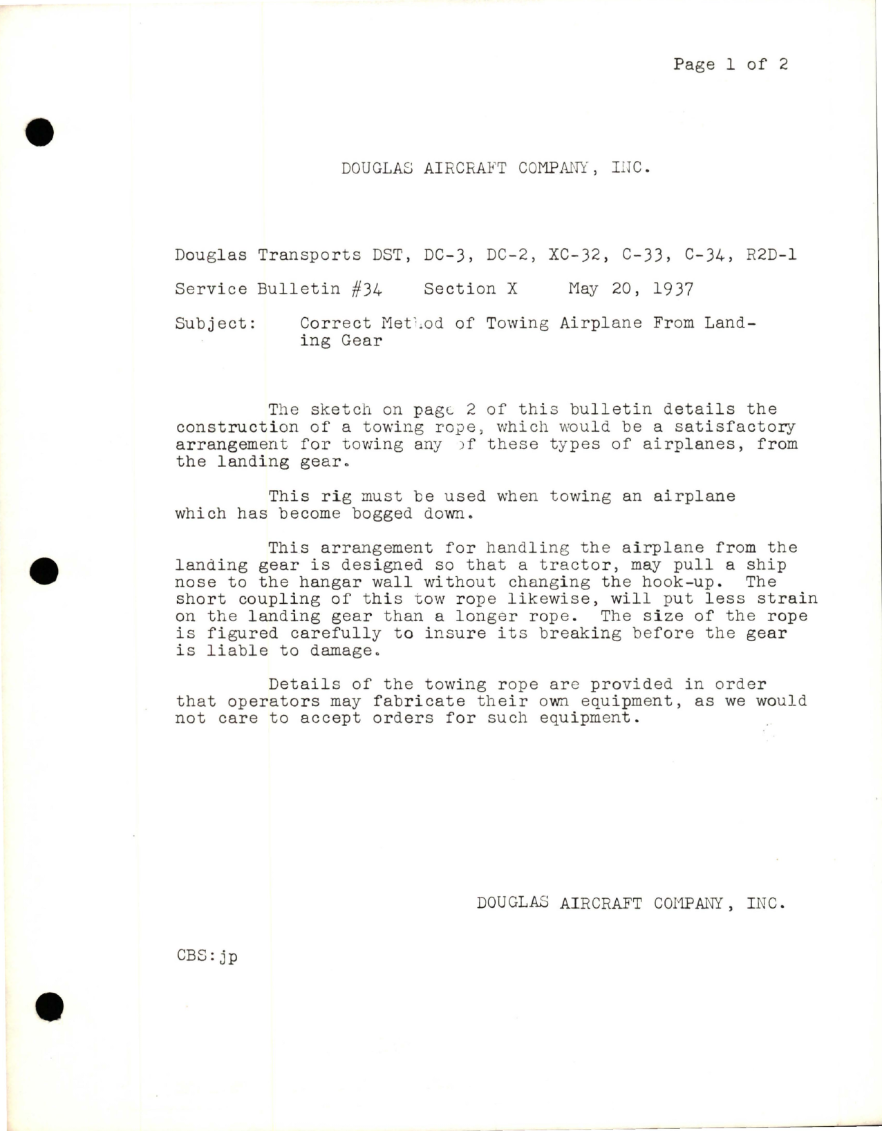 Sample page 1 from AirCorps Library document: Correct Method of Towing Airplane from Landing Gear