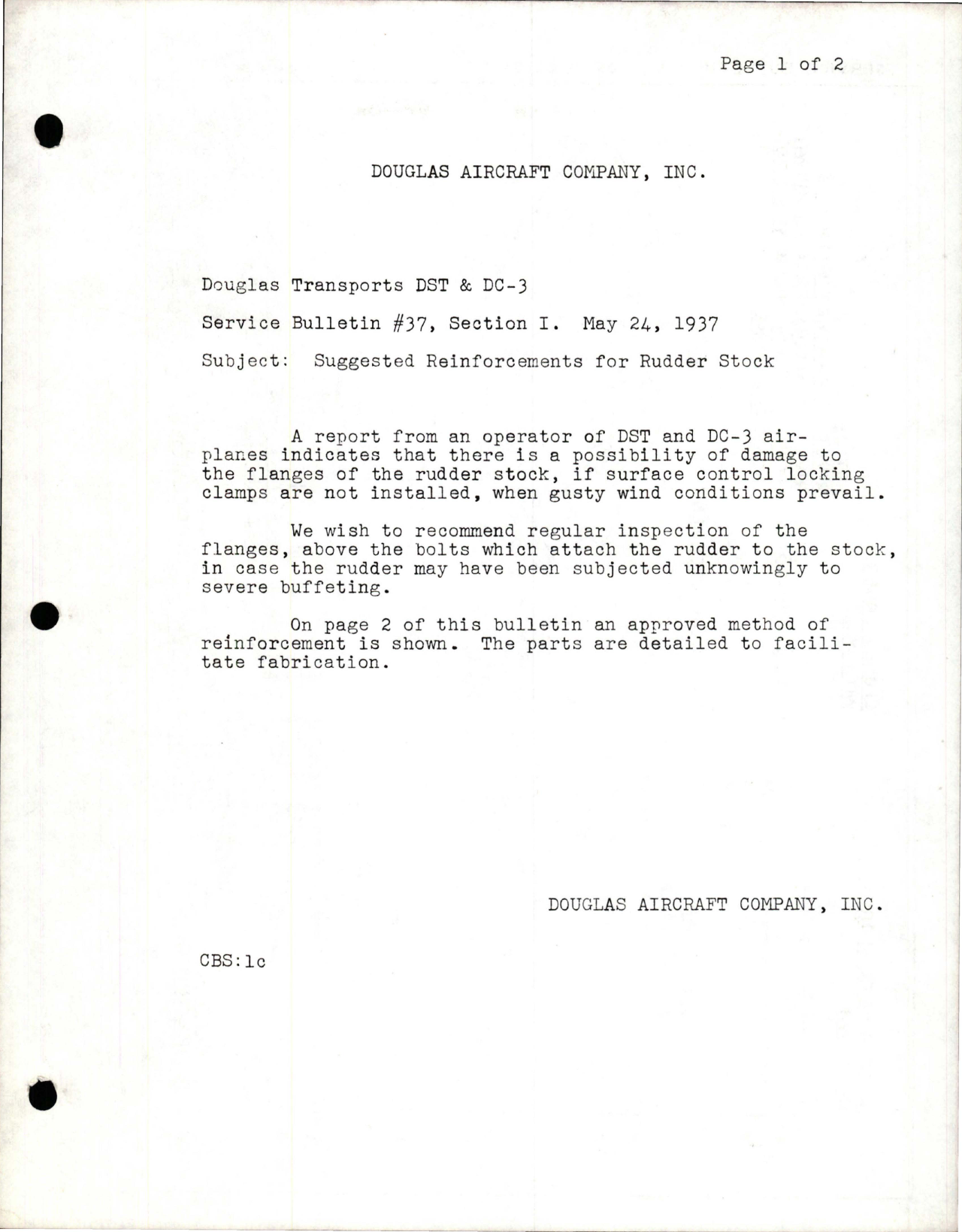 Sample page 1 from AirCorps Library document: Suggested Reinforcements for Rudder Stock