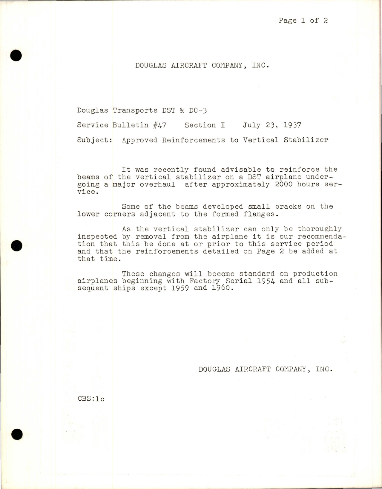 Sample page 1 from AirCorps Library document: Approved Reinforcements to Vertical Stabilizer