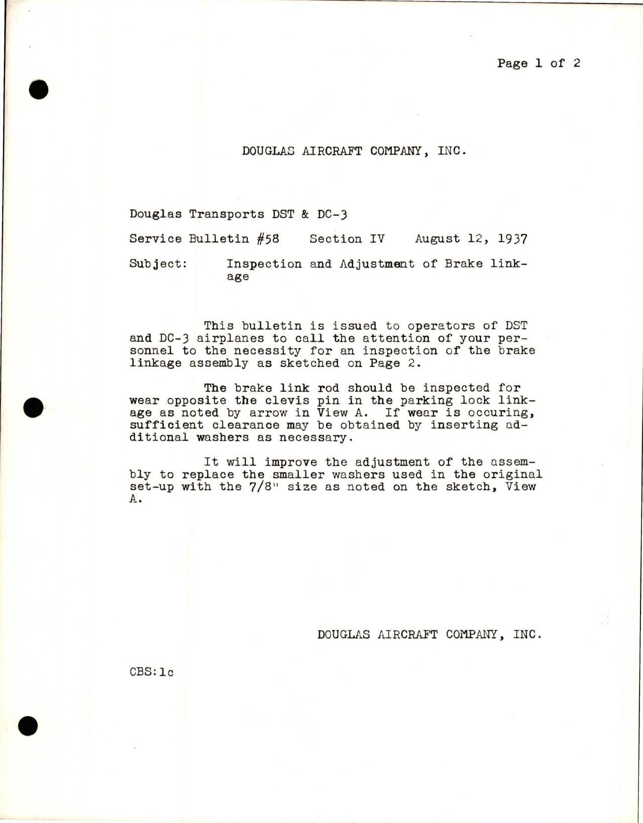 Sample page 1 from AirCorps Library document: Inspection and Adjustment of Brake Linkage