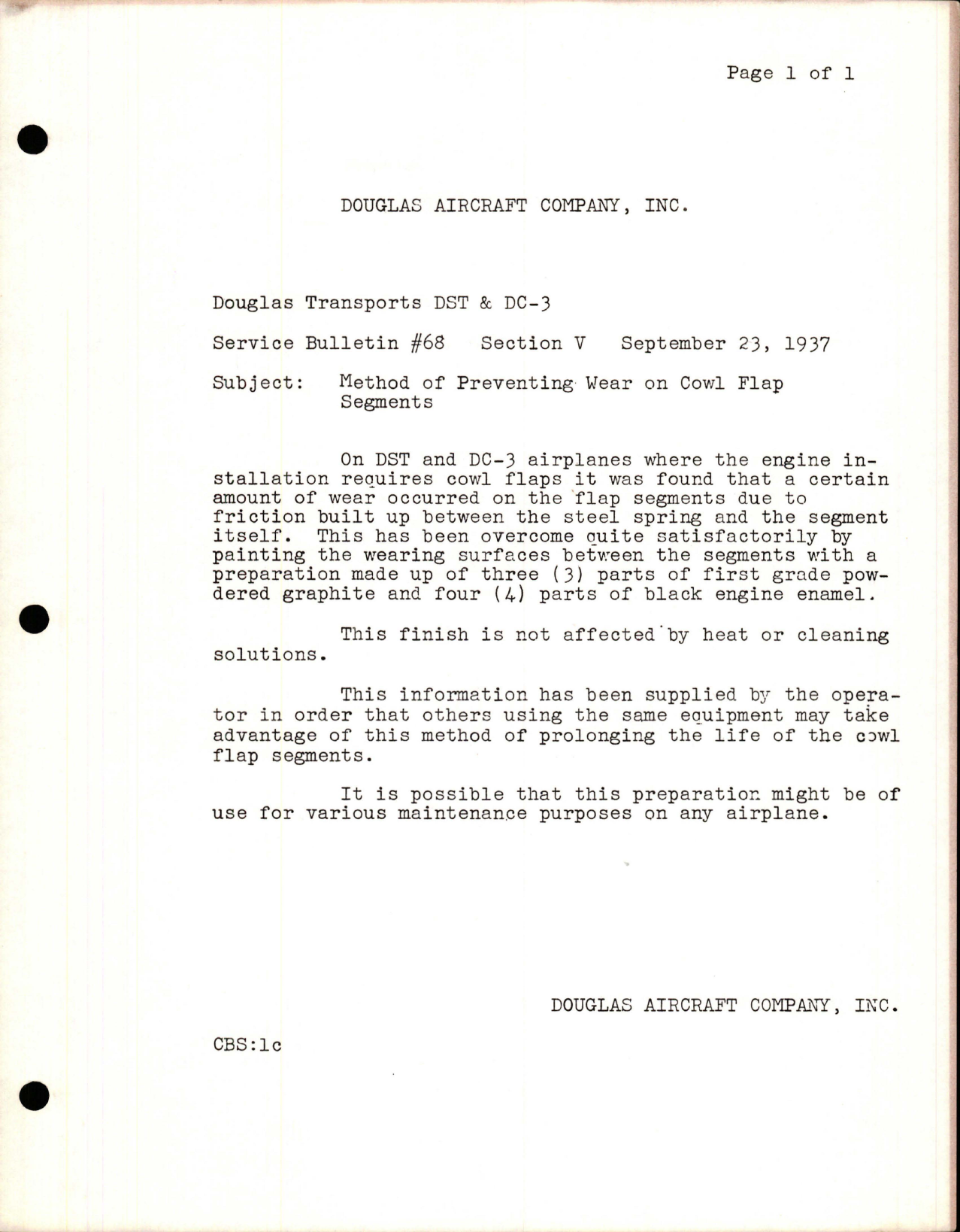 Sample page 1 from AirCorps Library document: Method of Preventing Wear on Cowl Flap Segments