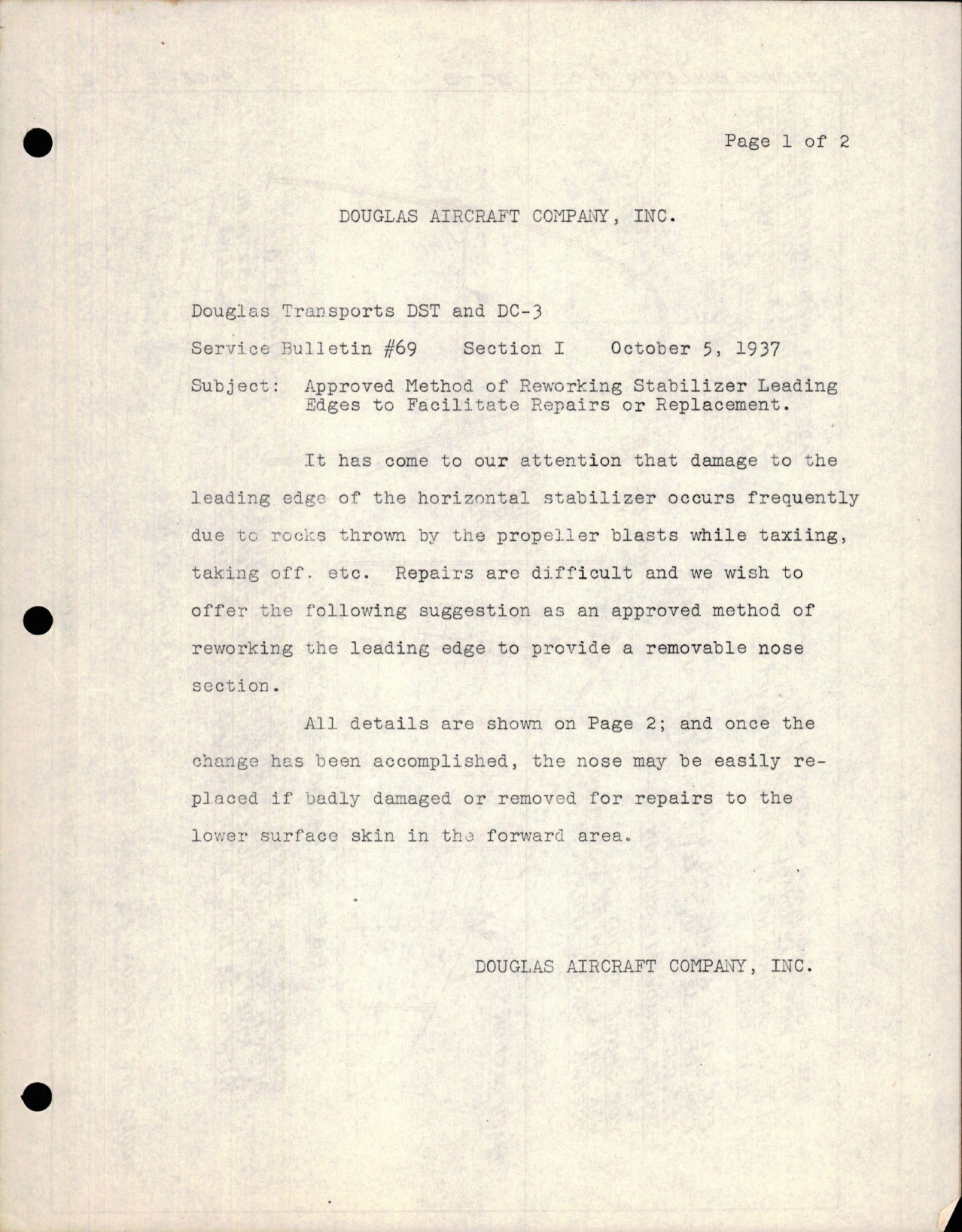 Sample page 1 from AirCorps Library document: Approved Method of Reworking Stabilizer Leading Edges to Facilotate Repairs or Replacement