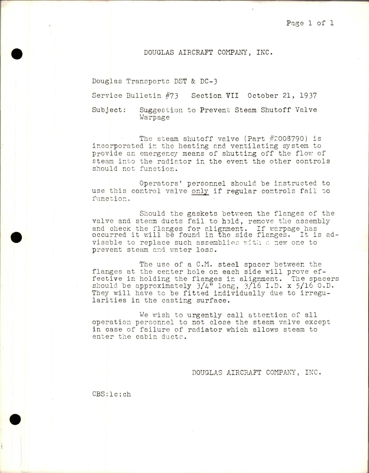 Sample page 1 from AirCorps Library document: Suggestion to Prevent Steam Shutoff Valve Warpage