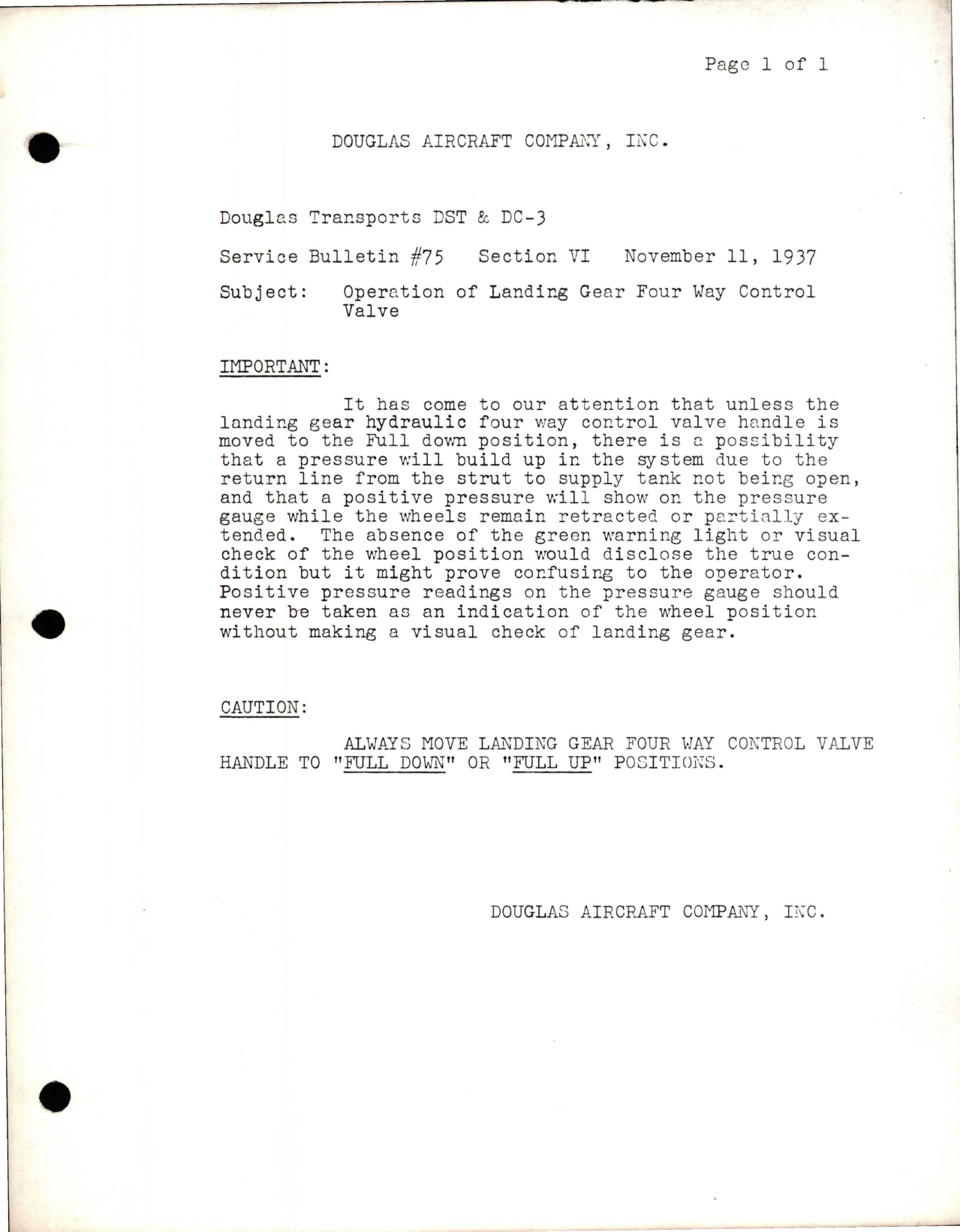 Sample page 1 from AirCorps Library document: Operation of Landing Gear Four Way Control Valve