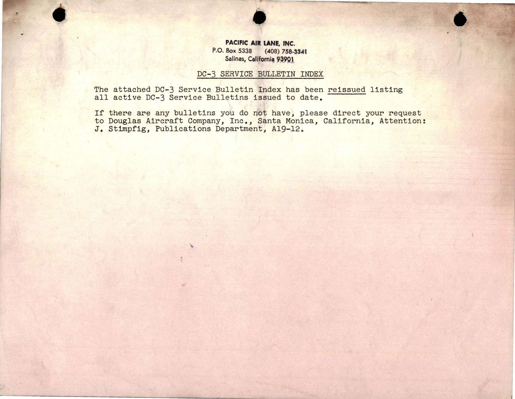 Sample page 1 from AirCorps Library document: Service Bulletin Index for DC-3