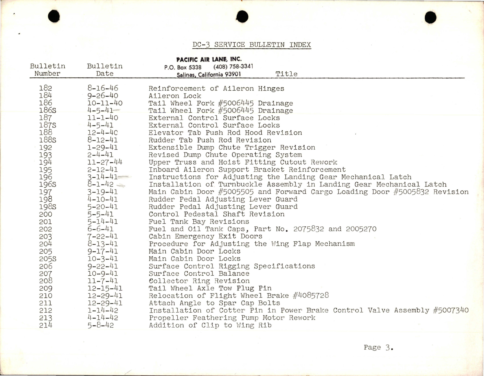 Sample page 5 from AirCorps Library document: Service Bulletin Index for DC-3