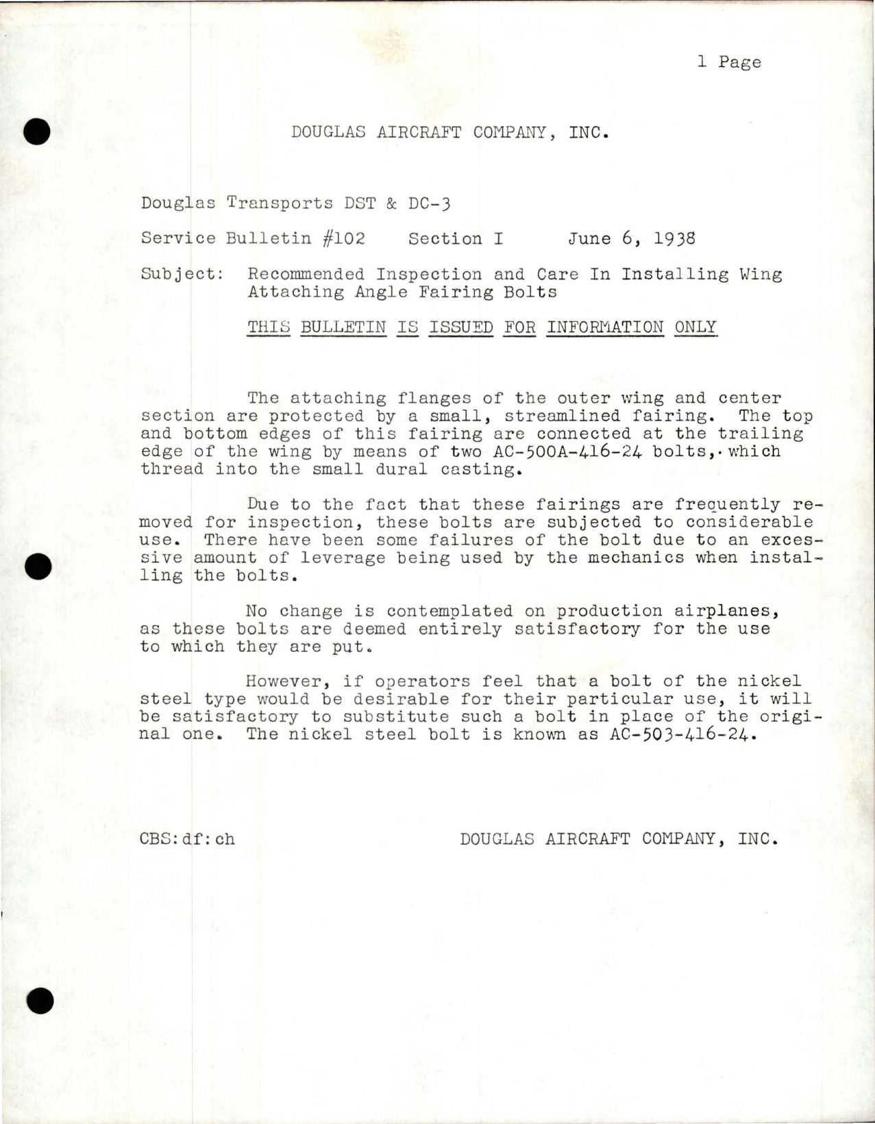 Sample page 1 from AirCorps Library document: Recommended Inspection and Care in Installing Wing Attaching Angle Fairing Bolts