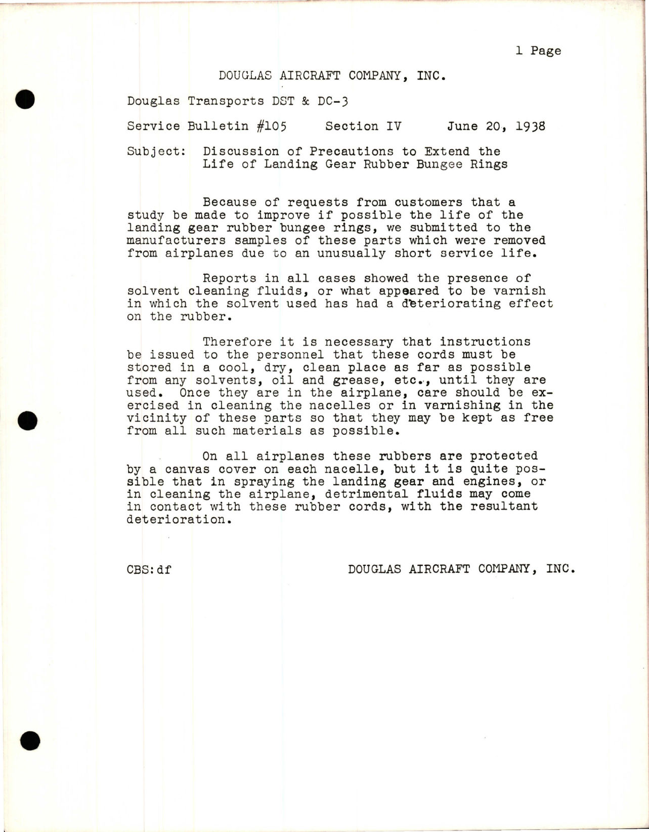 Sample page 1 from AirCorps Library document: Discussion of Precautions to Extend the Life of Landing Gear Rubber Bungee Rings