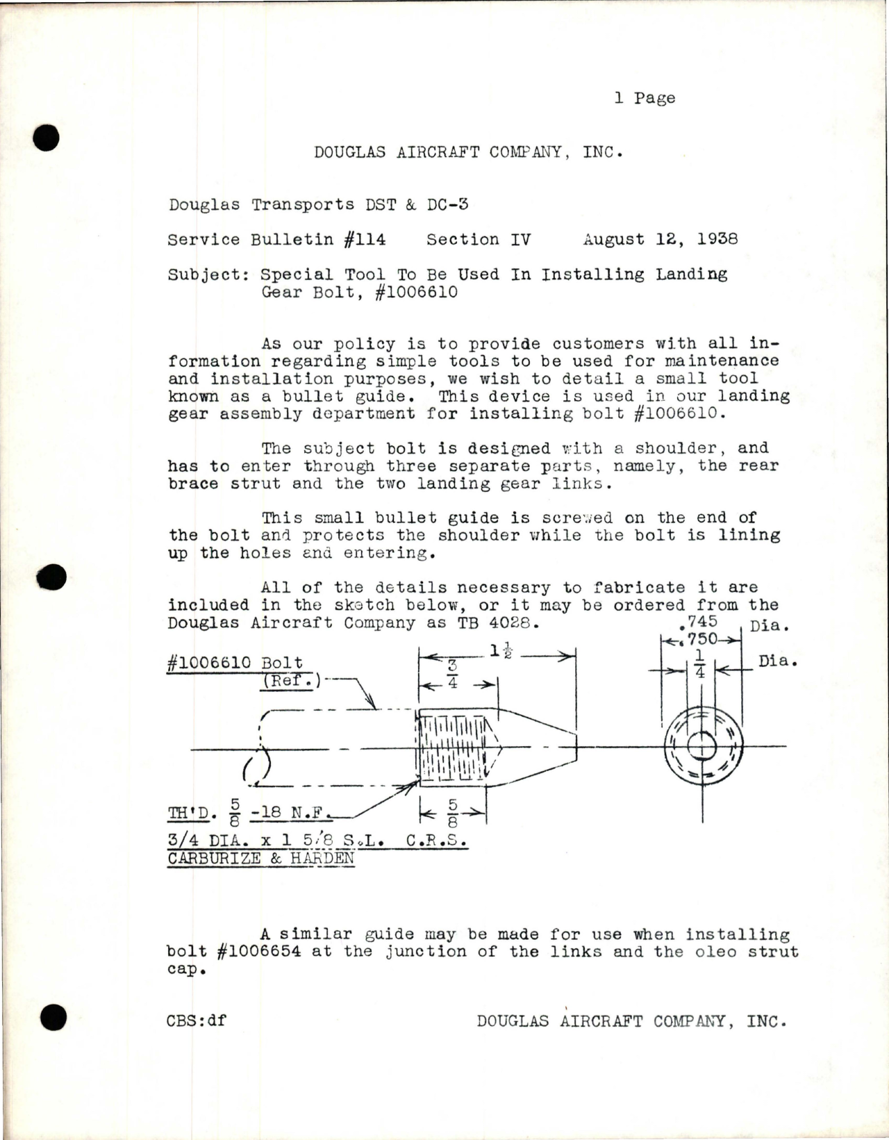 Sample page 1 from AirCorps Library document: Special Tool to be used in Installing Landing Gear Bolt - 1006610