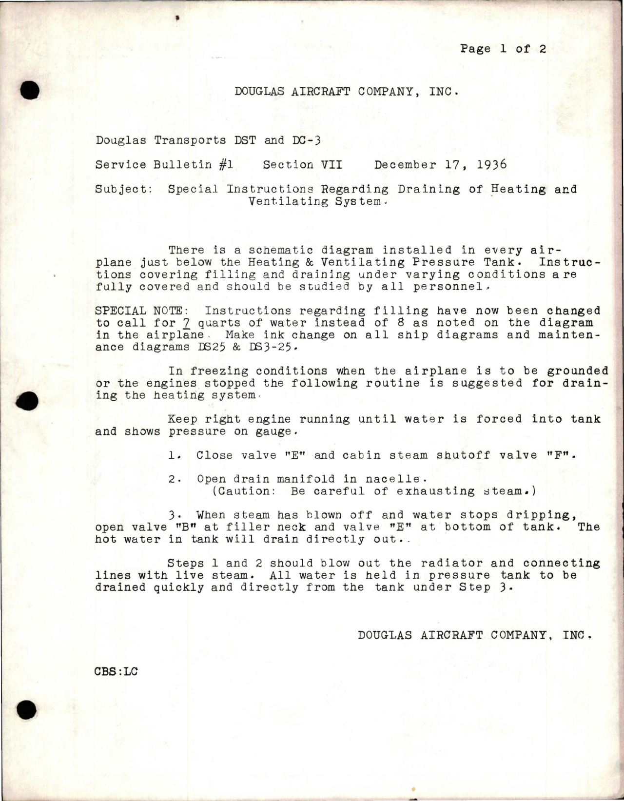 Sample page 1 from AirCorps Library document: Special Instructions Regarding Draining of Heating and Ventilating System 