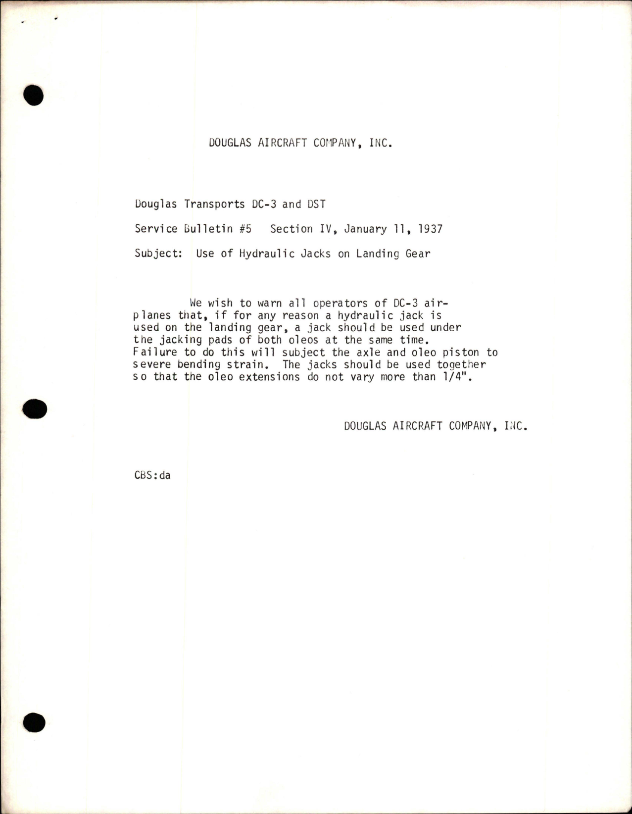 Sample page 1 from AirCorps Library document: Use of Hydraulic Jacks on Landing Gear