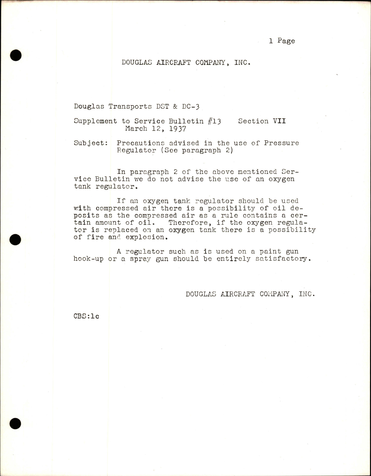 Sample page 1 from AirCorps Library document: Precautions Advised in the use of Pressure Regulator