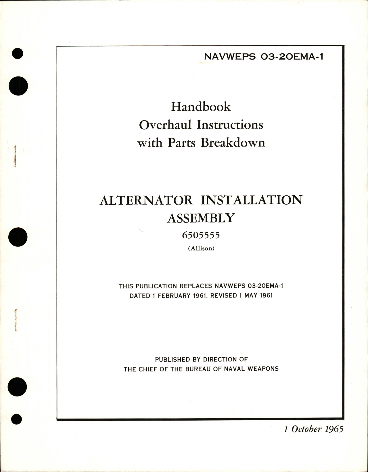 Sample page 1 from AirCorps Library document: Overhaul Instructions with Parts Breakdown for Alternator Installation Assembly - 6505555