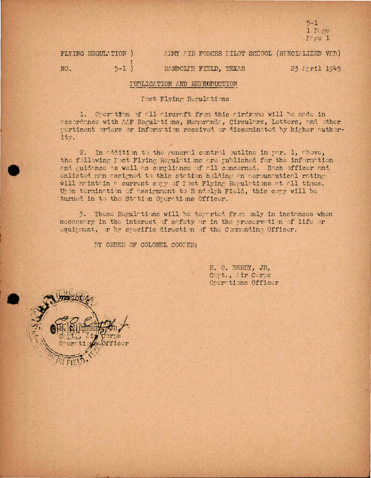 Sample page 1 from AirCorps Library document: Publication and Reproduction - Post Flying Regulations 