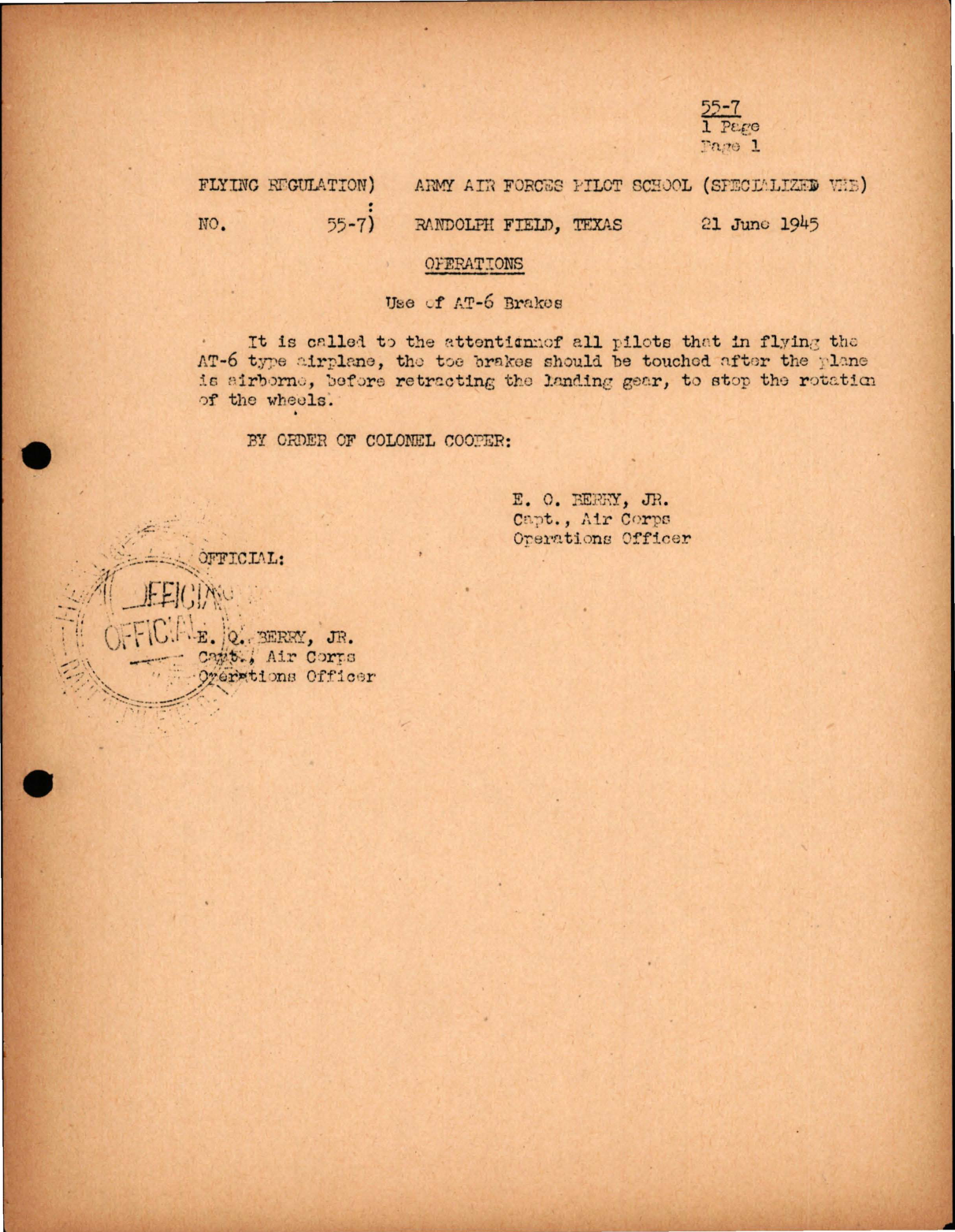 Sample page 1 from AirCorps Library document: Operations - Use of AT-6 Brakes