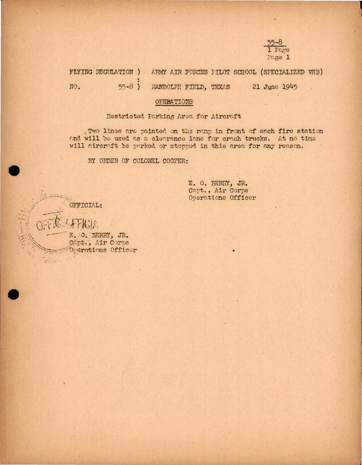 Sample page 1 from AirCorps Library document: Operations - Restricted Parking Area for Aircraft 